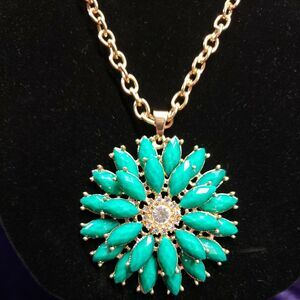 Amrita Singh Signed Necklace, Large Green Flower Medallion Pendant, Gold Tone